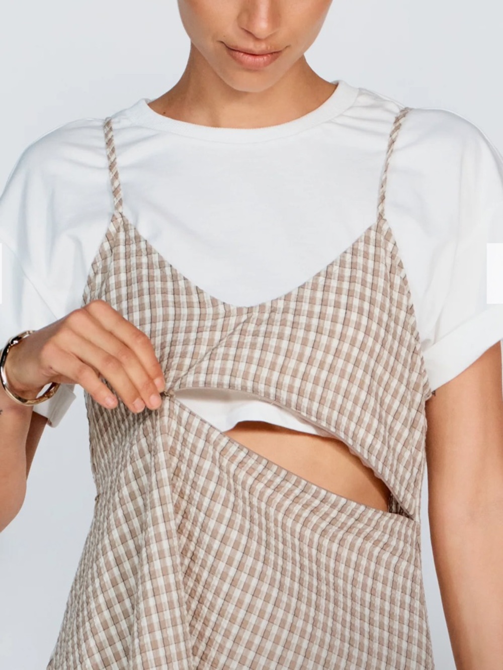 Beige Gingham Maxi Slip Dress with Thin Straps - Picture 3 of 10